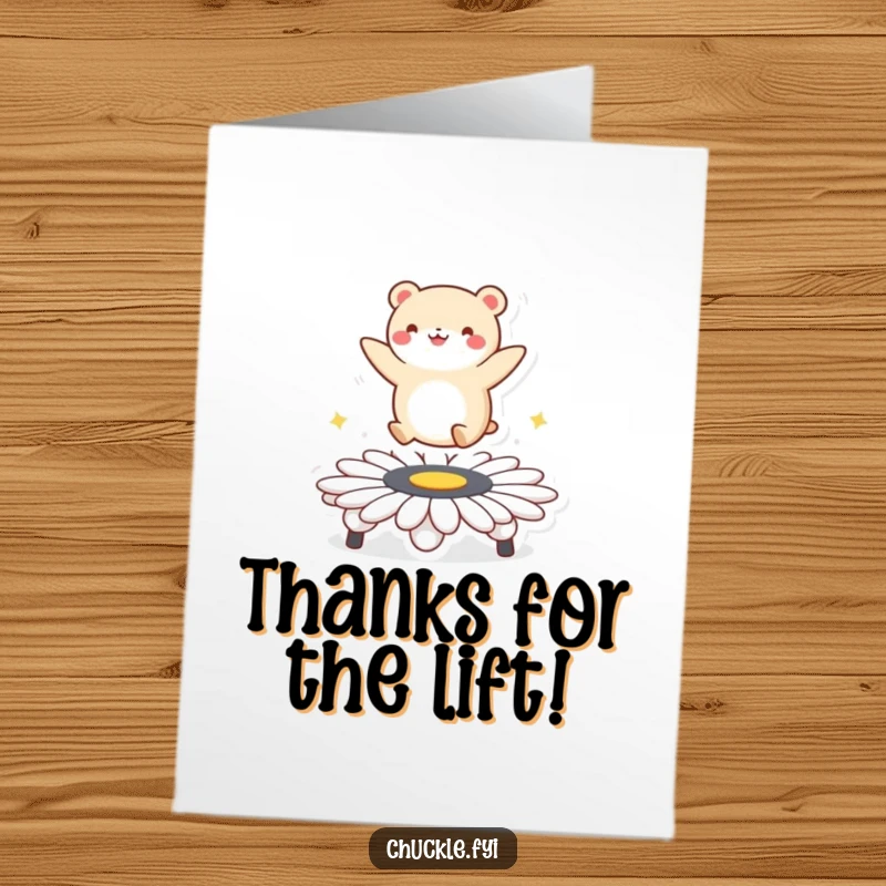 Funny Free Printable Thank You Card: Energetic round animal leaping on a daisy trampoline, a joyful thank you.
