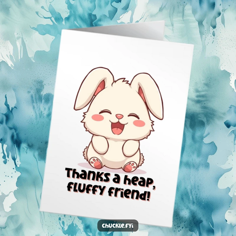 Funny Free Printable Thank You Card: Fluffy bunny character giggling uncontrollably, its ears dramatically flopped over in pure delight.