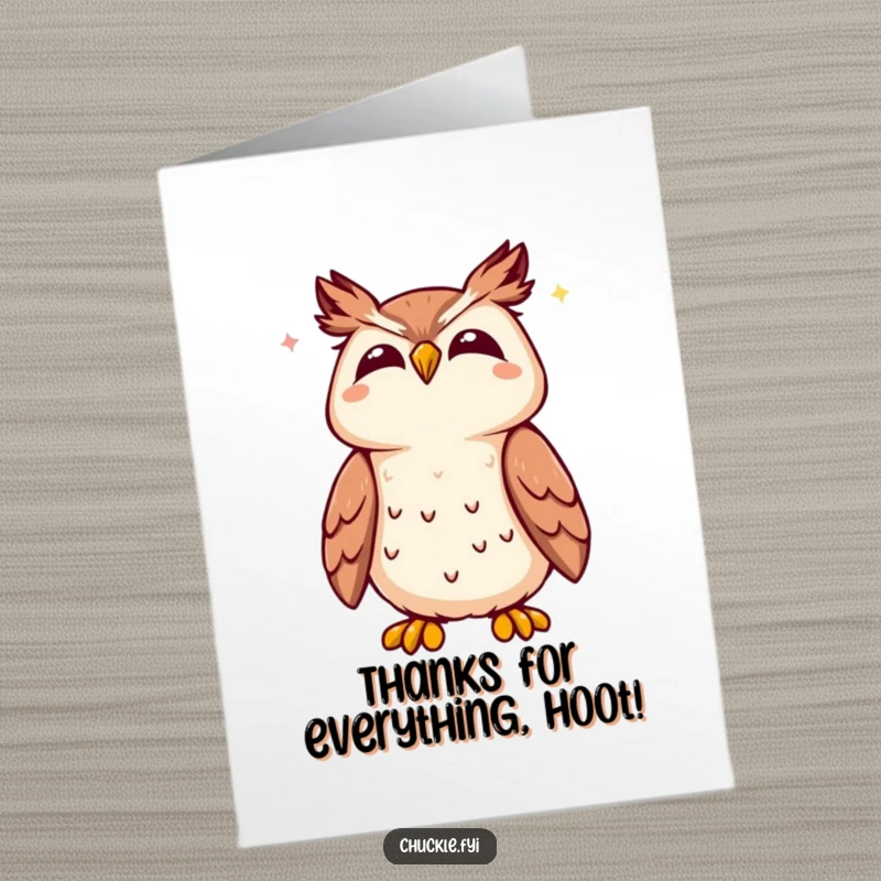 Funny Free Printable Thank You Card: A sweet kawaii owl tilting its head back, releasing a happy, joyful hoot.