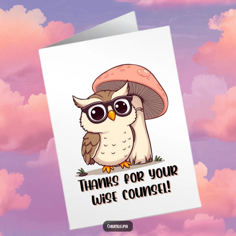Funny Free Printable Thank You Card: A happy owl wearing spectacles peers at a giant mushroom, expressing thoughtful gratitude.