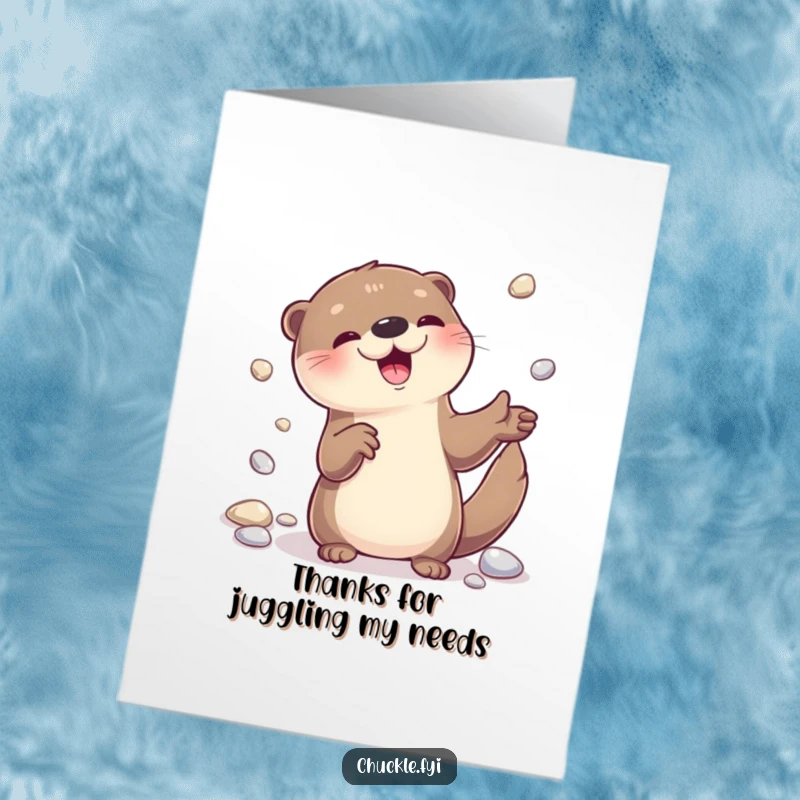 Funny Free Printable Thank You Card: A playful otter juggles pebbles with a delighted smile, offering a unique way to express gratitude.