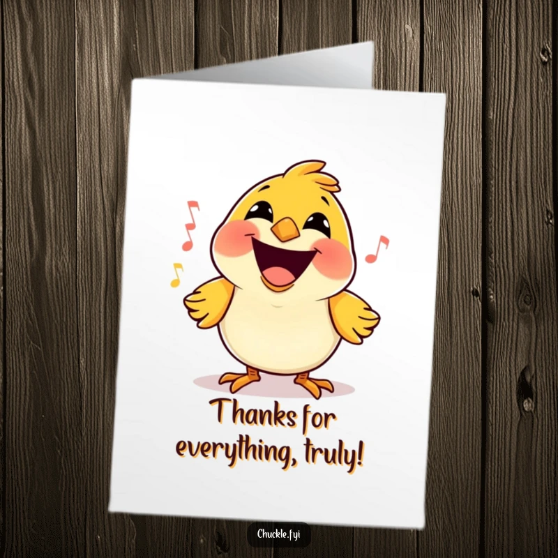 Funny free printable thank you card featuring a happy little bird with a massive grin, singing a joyful tune of thanks.