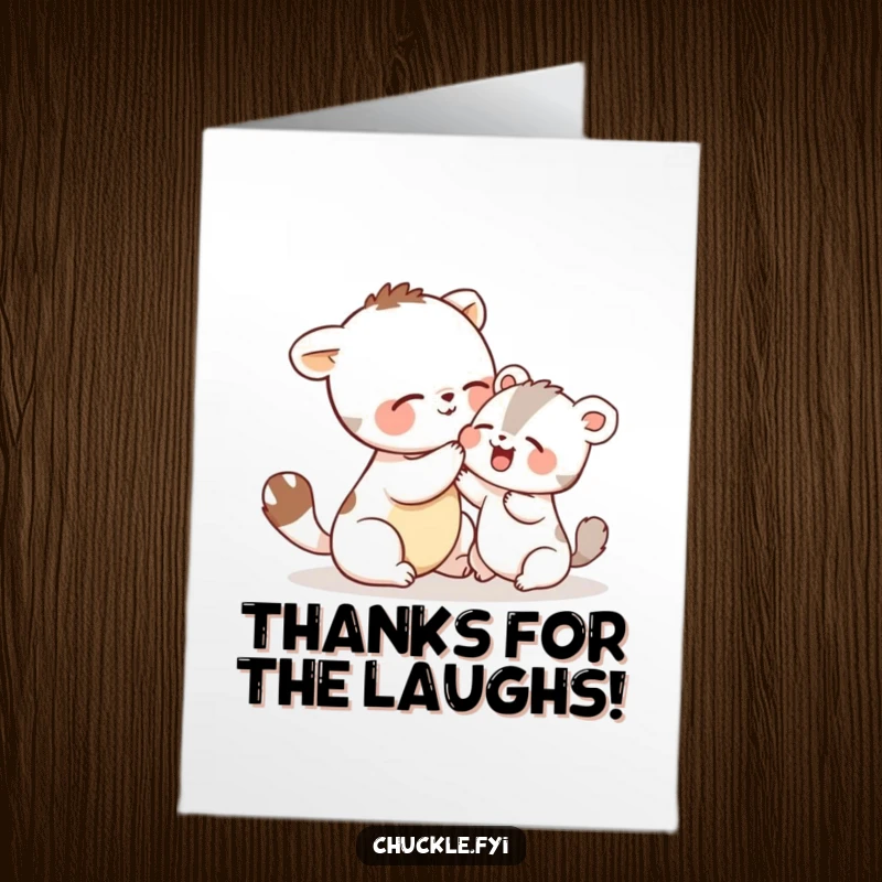Funny Free Printable Thank You Card: Animals sharing a moment of tickle-induced giggles, expressing thanks with humor.