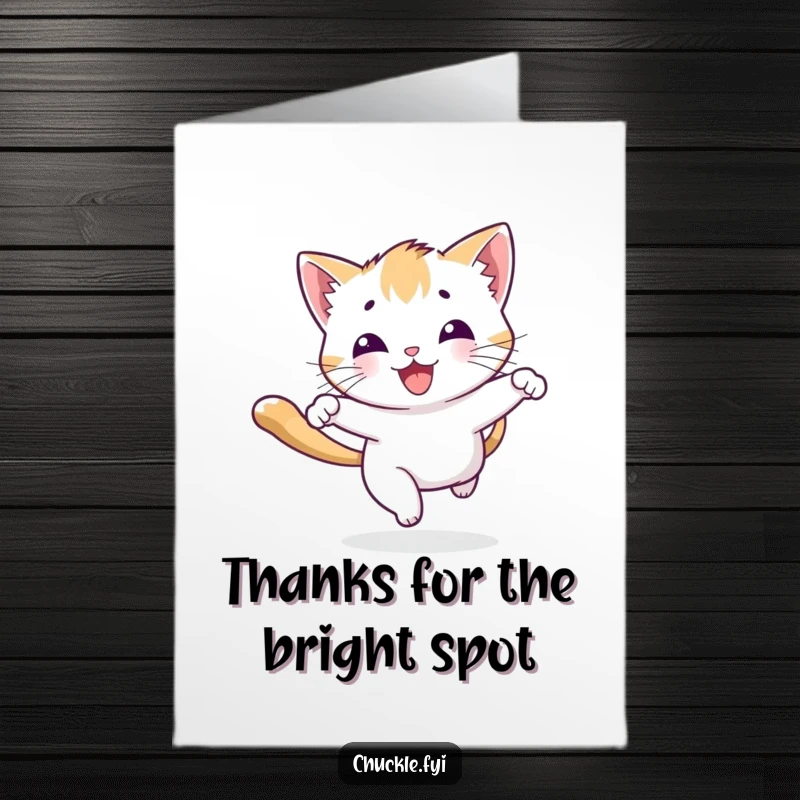 Funny free printable thank you card: a playful kitten energetically chasing a beam of light with pure joy.