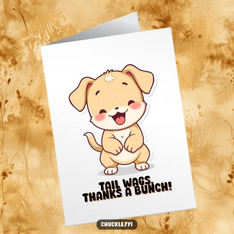 Funny Free Printable puppy character with its body wiggling from a furiously wagging tail, perfect for expressing thanks.