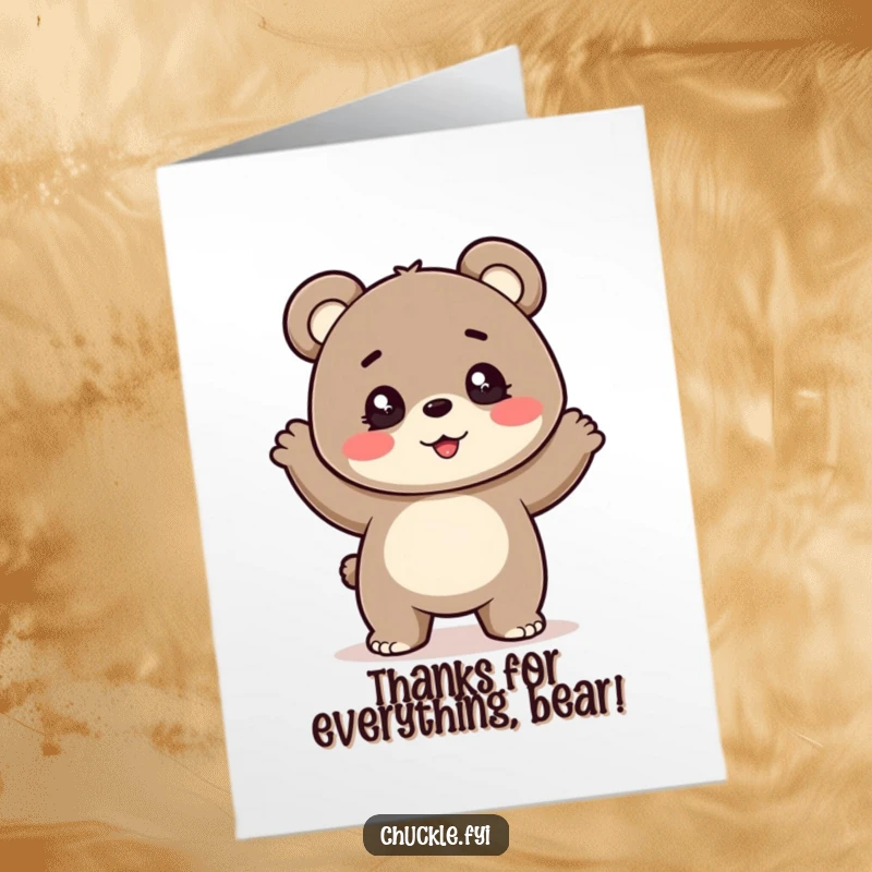 Funny Free Printable Thank You Card: A cheerful bear cub with sparkling eyes does a silly, bouncy dance of thanks.