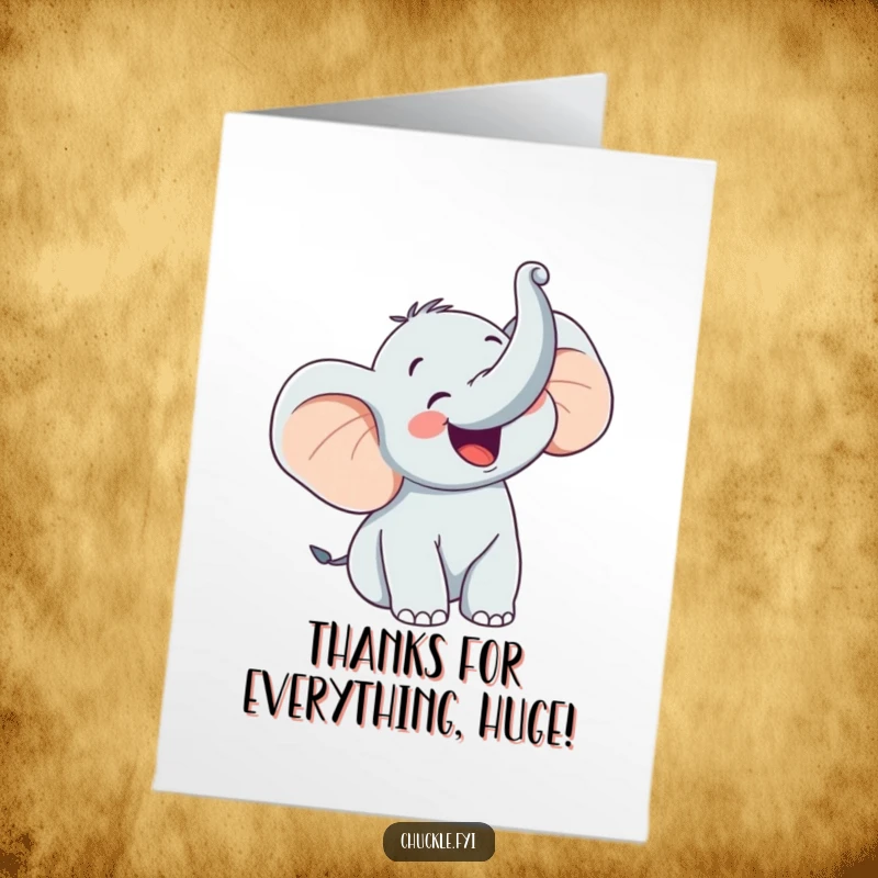 Funny Free Printable thank you card featuring a happy elephant character trumpeting joyfully with its trunk raised.