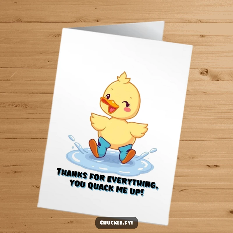 Funny Free Printable Thank You Card: A cheerful duck in boots happily splashing in a puddle, expressing heartfelt thanks.