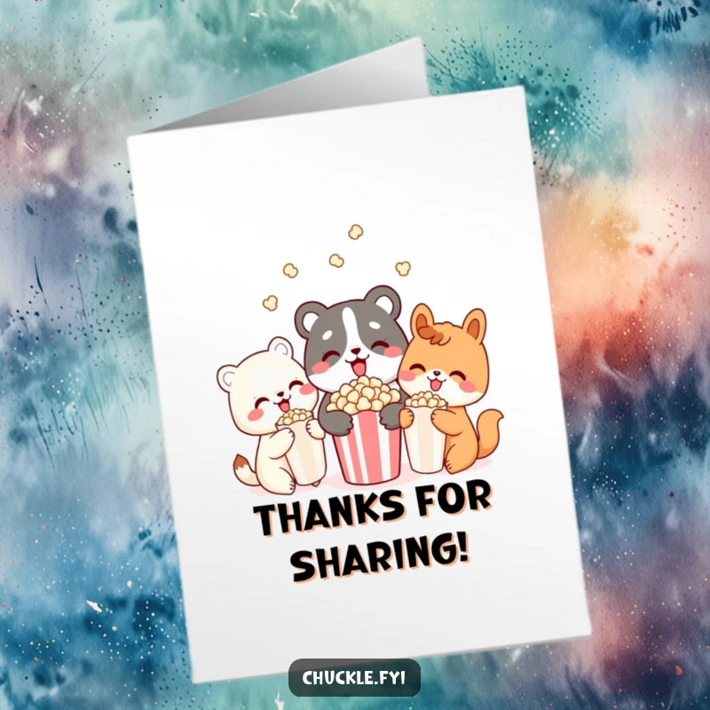 Funny Free Printable Thank You Card: Cute animals happily sharing popcorn, a delightful way to say thank you.