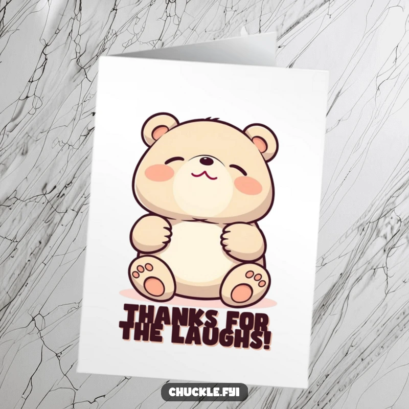 Funny Free Printable Thank You Card: Adorable kawaii bear shaking with silent giggles, eyes squeezed shut in delight.