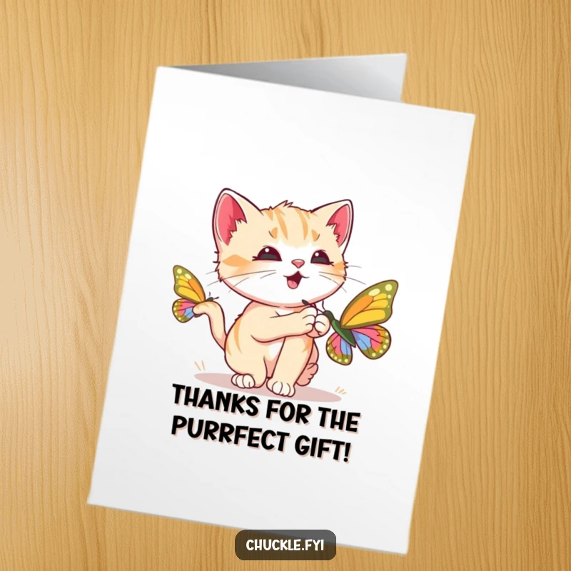 Funny Free Printable Kitten Thank You Card: Curious kitten chasing a butterfly, purring loudly to show thanks.