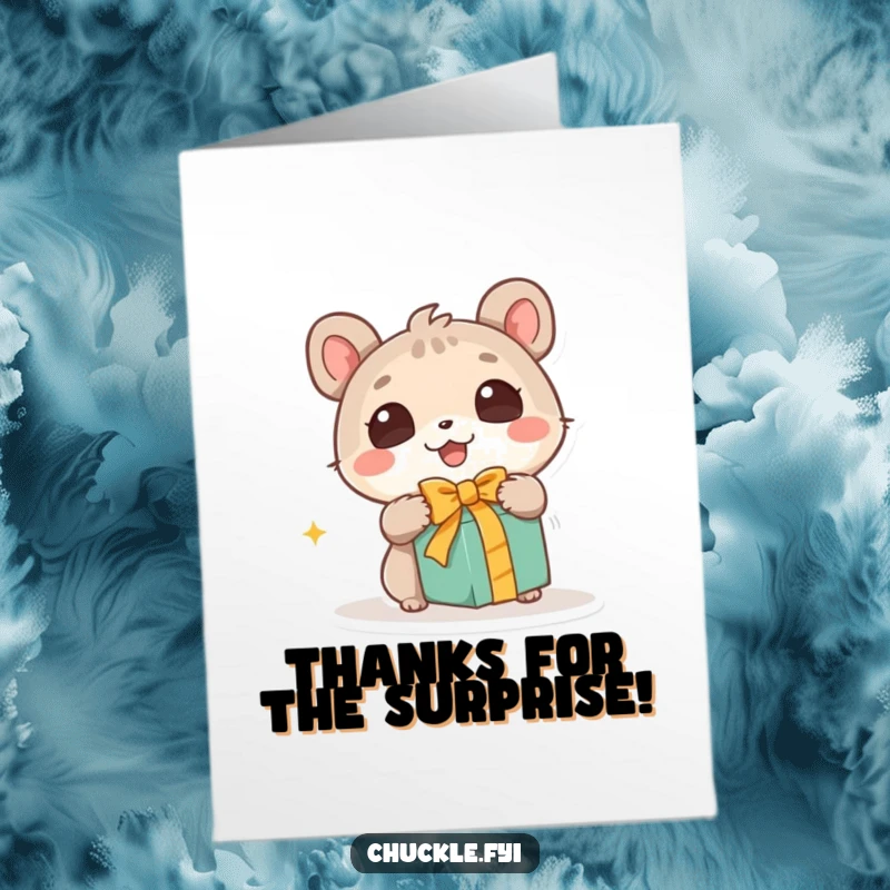 Funny Free Printable Thank You Card: Animal's eyes wide with wonder, excitedly unwrapping a gift, a thankful surprise.