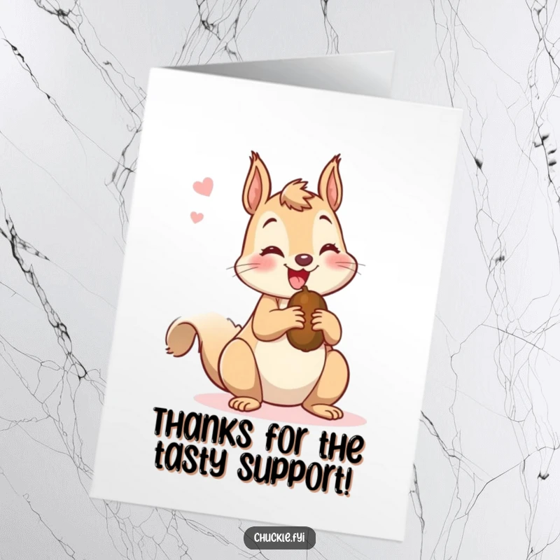 Funny Free Printable Thank You Card: A mischievous squirrel chattering happily holding a nut, ideal for a DIY downloadable gift.