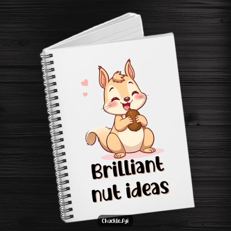 Funny notebook with a mischievous squirrel chattering happily while holding a nut, ideal for notes, planning, and cheerful reminders.