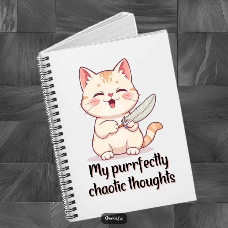 Funny notebook with a contented cat purring loudly while batting at a feather toy, perfect for jotting down ideas.