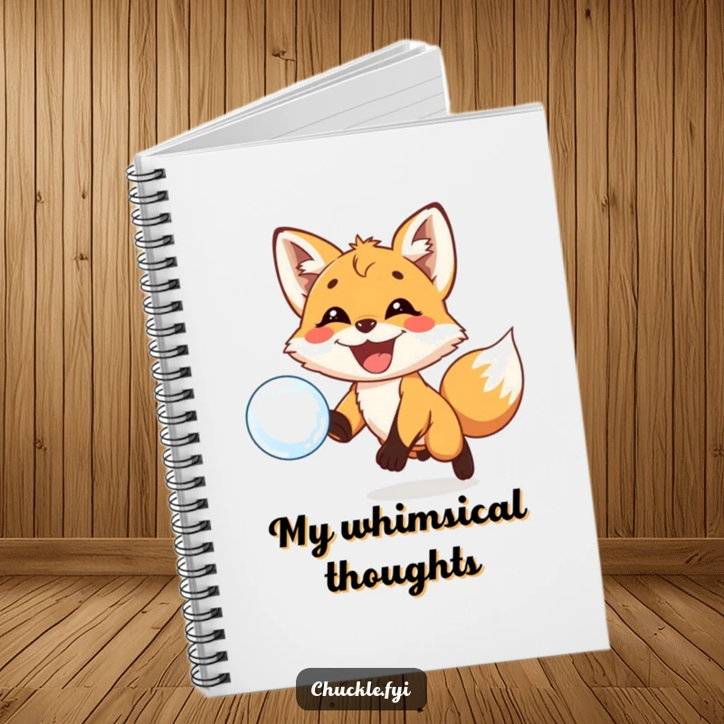 Funny notebook with a playful fox cub with a huge grin chasing a floating bubble. Perfect for jotting down whimsical thoughts.