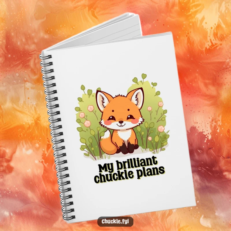 Funny Fox Cub Notebook: A tiny, cute fox cub peeking from a bush, its face showing a happy, silent chuckle.