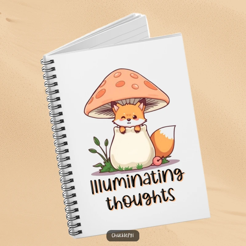 Funny Fox Notebook with a playful fox peeking from behind a chuckling mushroom, ideal for notes and sketches, a cute and funny gift.