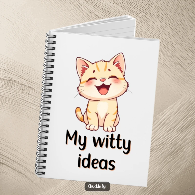 Funny notebook with a happy kitten with perked ears caught mid-burst of hilarious laughter. Perfect for jotting down funny ideas.
