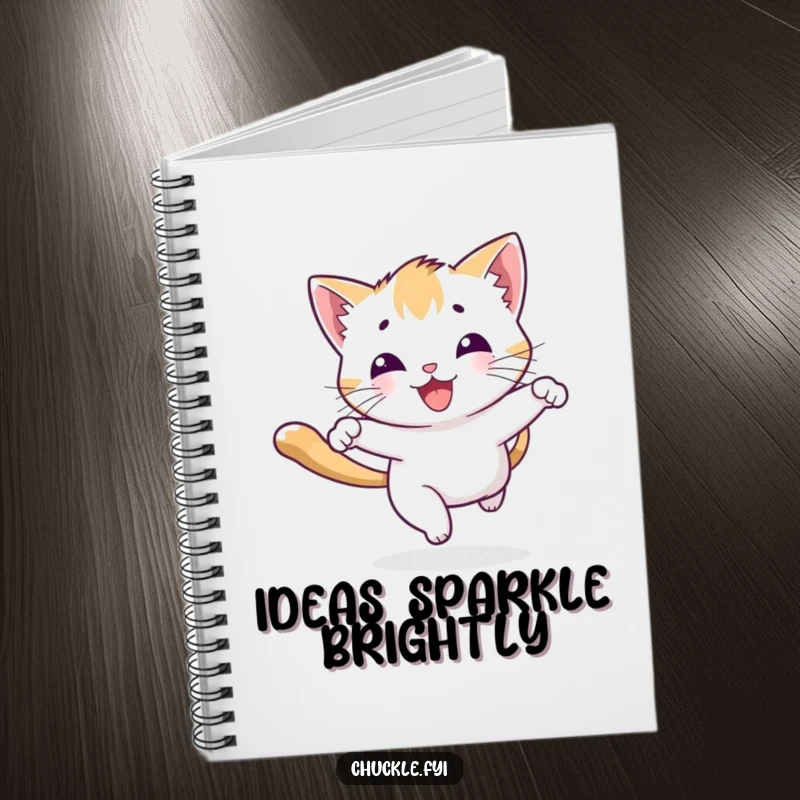 Funny playful kitten notebook character chasing a beam of light with a joyous bounce, for creative note-taking.