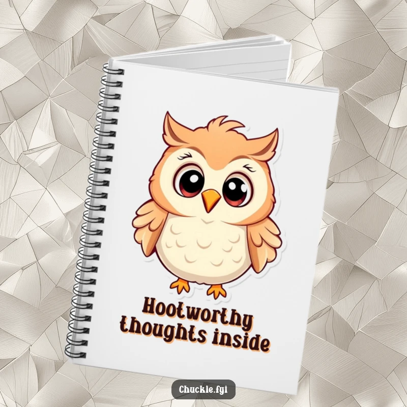 Funny Owl Notebook with a cartoon owl chuckling heartily, wide eyes, ruffled feathers, perfect for notes and doodles.