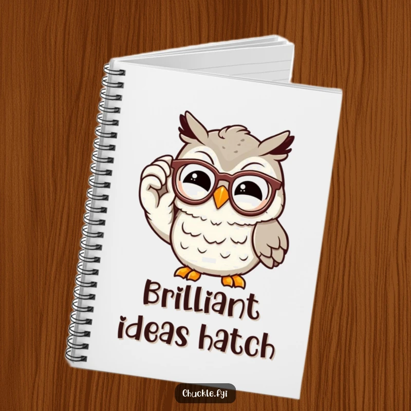 Funny owl notebook with a wise, chuckling cartoon character adjusting its spectacles with a knowing grin, perfect for jotting down smart ideas.