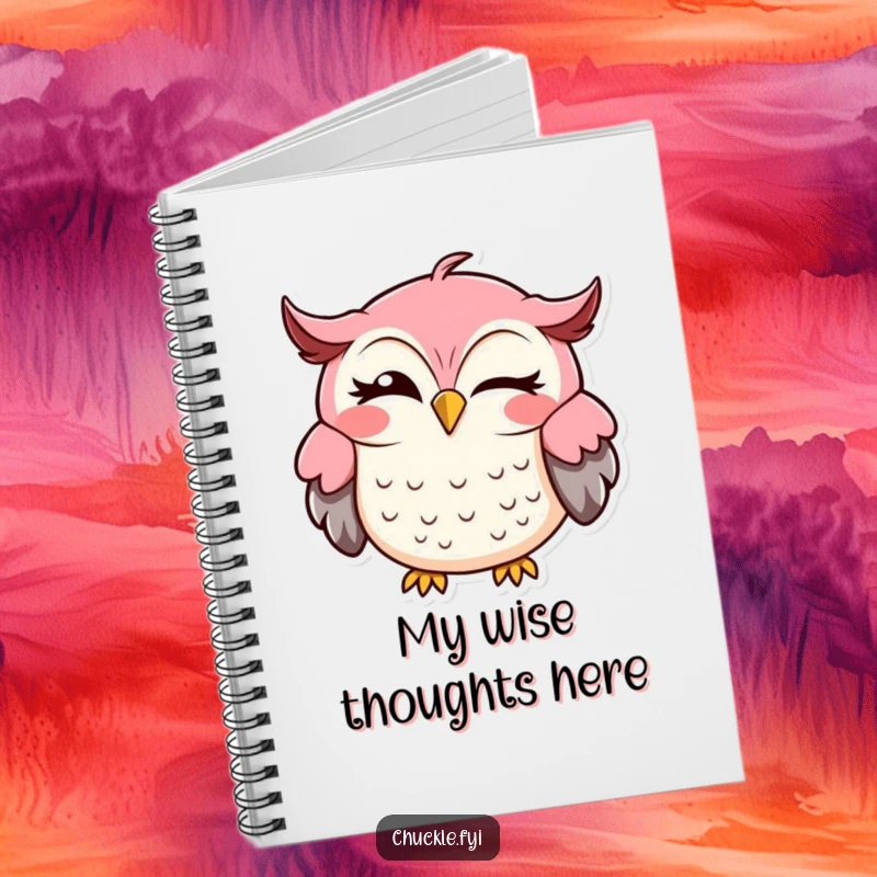 Funny owl notebook featuring a cute owl winking with a sideways smile, perfect for note-taking.