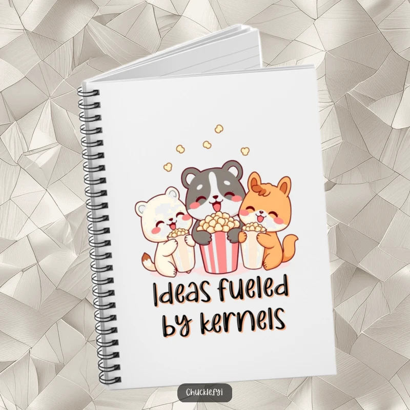Funny notebook with three cute animal characters delightedly sharing popcorn, designed to bring joy to note-taking and creative thinking.