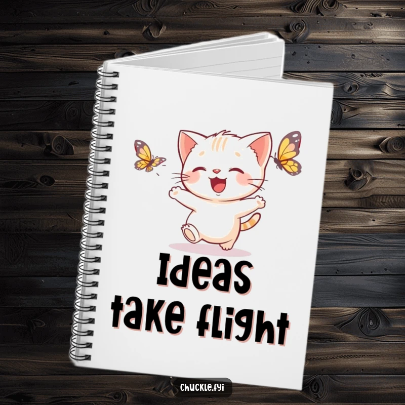 Funny kitten butterfly notebook featuring a delighted kitten chasing a fluttering butterfly, perfect for a cute funny journal.