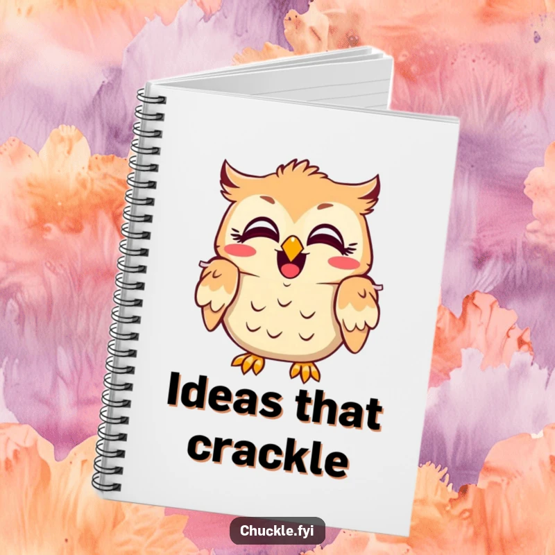 Funny owl notebook featuring a character with wide, amused eyes, head shaking in laughter, ideal for stylish and humorous note-taking.