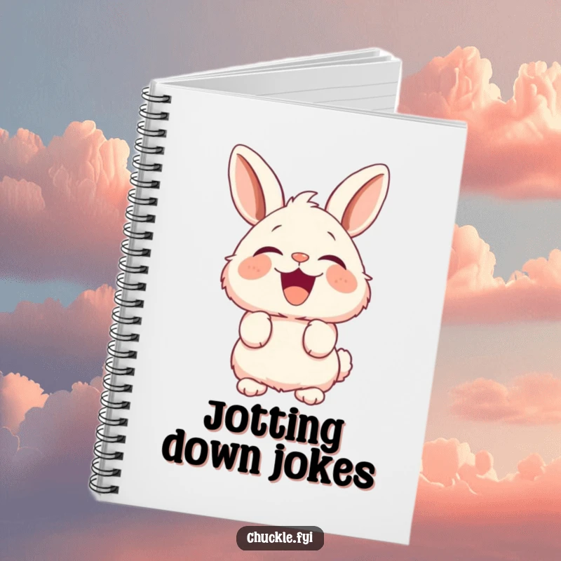 Funny Fluffy Bunny Notebook featuring a rabbit with perked ears bursting into hilarious laughter, ready for notes.