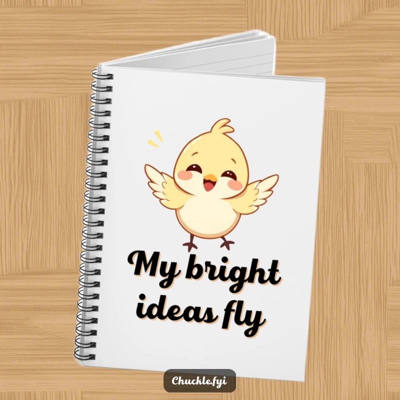 Funny bird notebook with a cheerful character bird fluttering its wings and chirping, inspiring happy thoughts for writing.