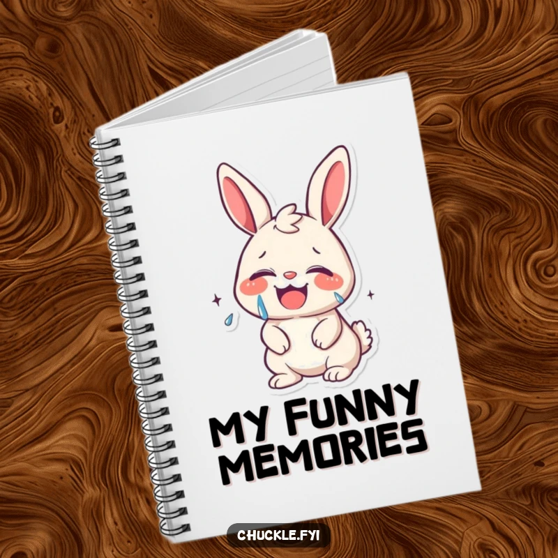 Funny kawaii bunny giggling uncontrollably, tears of joy streaming, on a notebook cover, for jotting down happy thoughts.