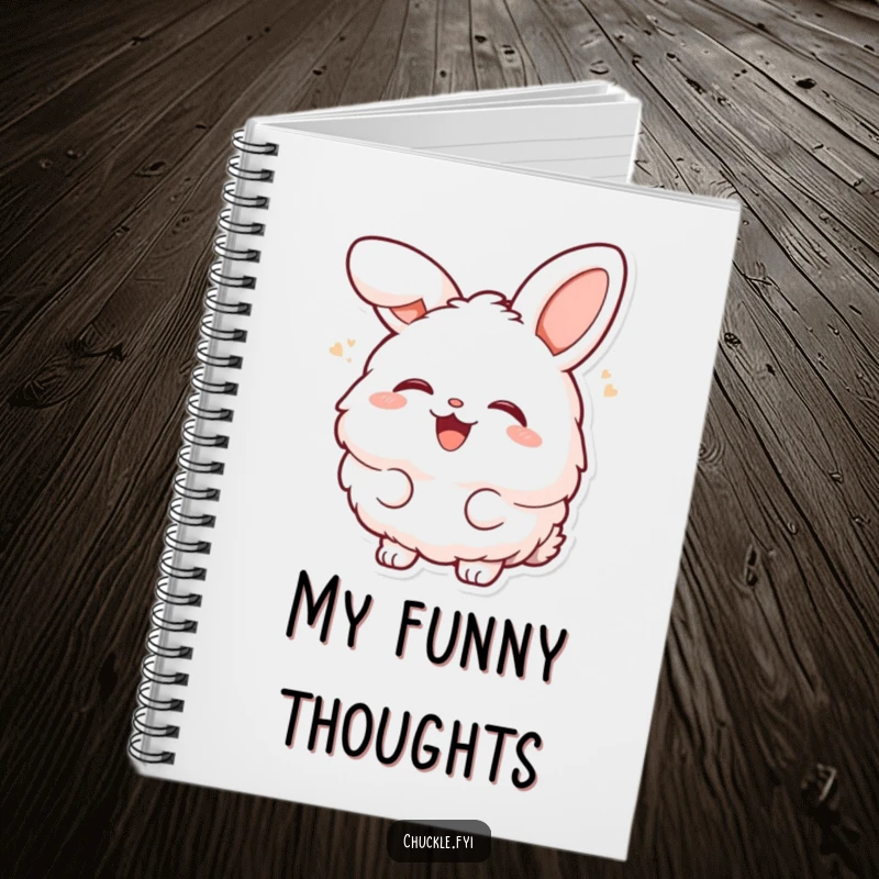 Funny fluffy bunny character laughing heartily with head tilted back on a notebook cover, perfect for capturing happy thoughts.