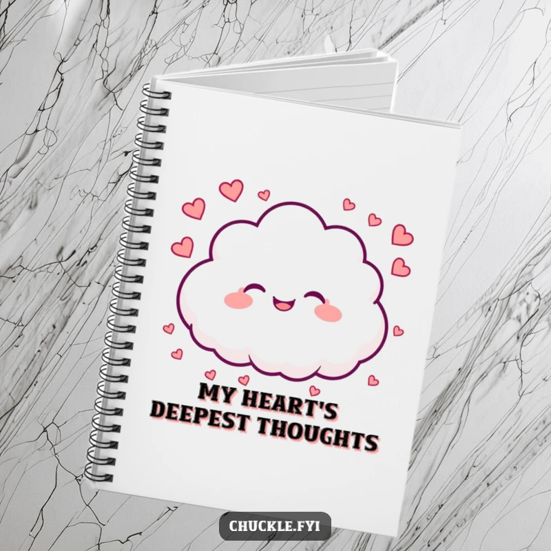 Funny notebook cover with a joyful cloud character raining tiny hearts, inspiring loving notes and sweet reflections.