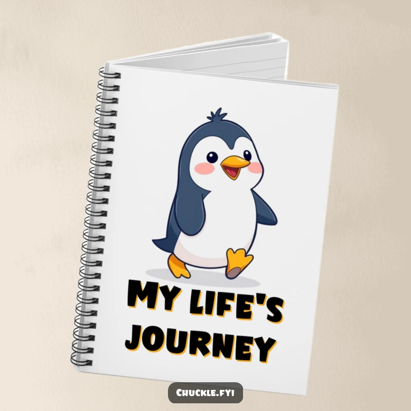 Funny penguin notebook with a delighted cartoon character waddling with a silly, exaggerated gait, perfect for jotting down funny thoughts.