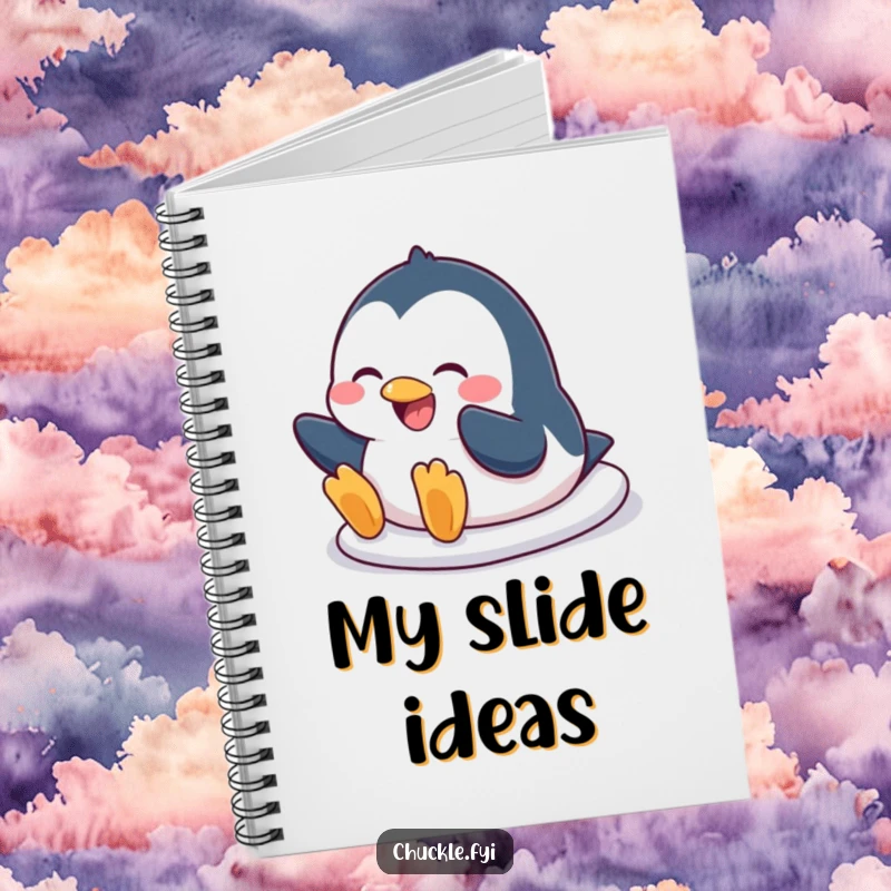 Funny penguin notebook featuring a character hilariously sliding on its belly with a wide, infectious grin, ideal for stylish note-taking.