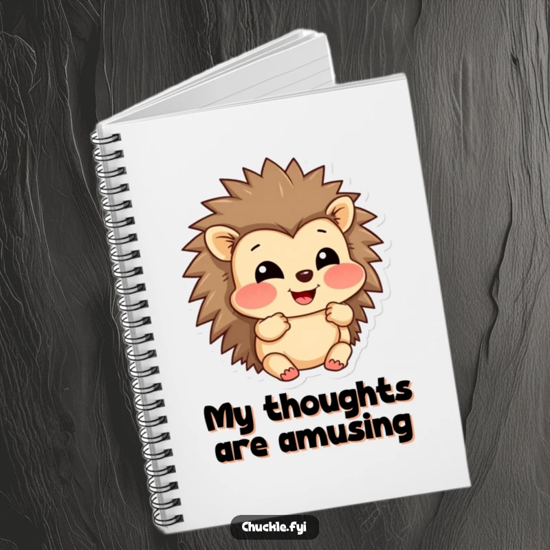 Funny notebook with a grinning hedgehog character puffing out its cheeks in amusement, perfect for jotting down notes.