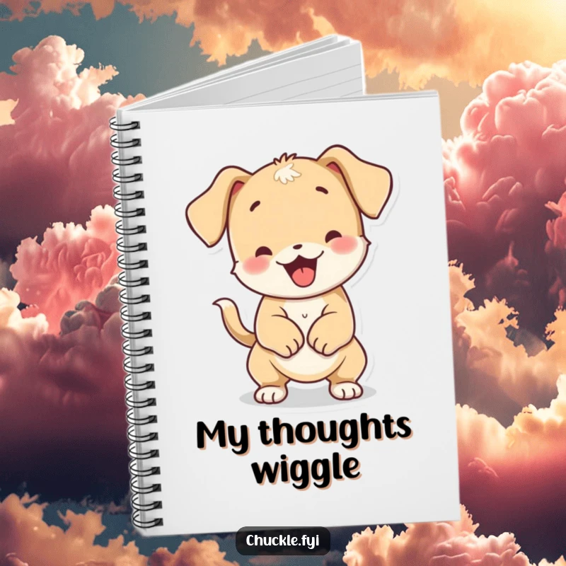 Funny playful puppy character wiggling its body from tail wagging, on a notebook cover.