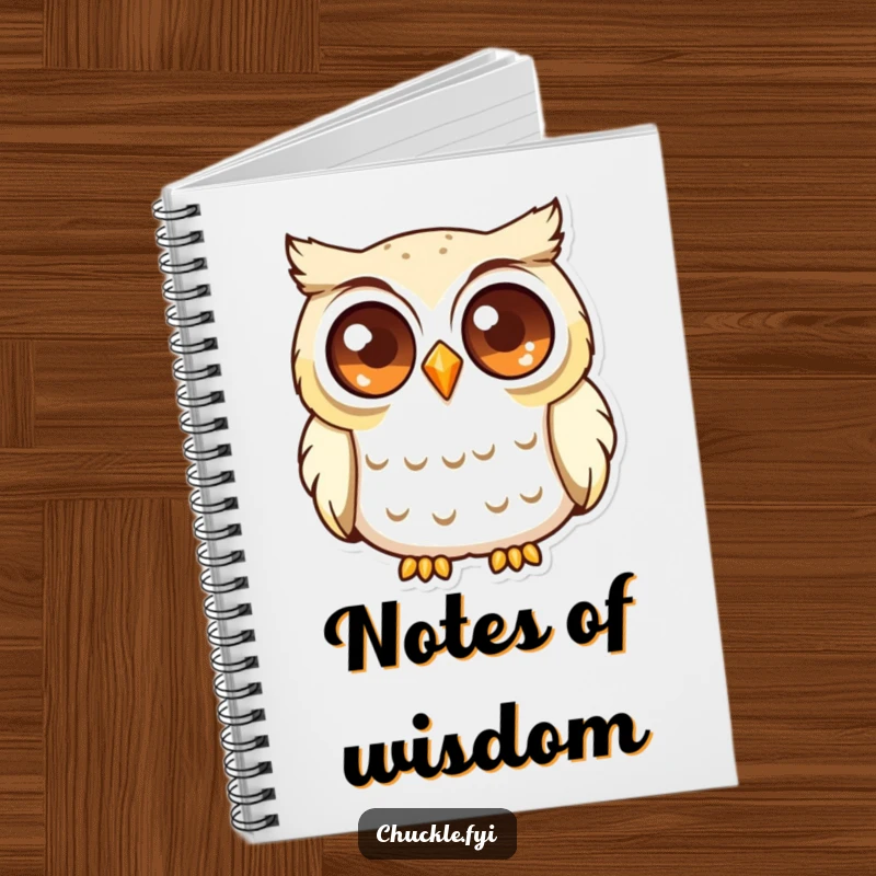Funny Curious Owl Notebook featuring a wise owl with large, sparkling eyes, softly chuckling, ready for notes.