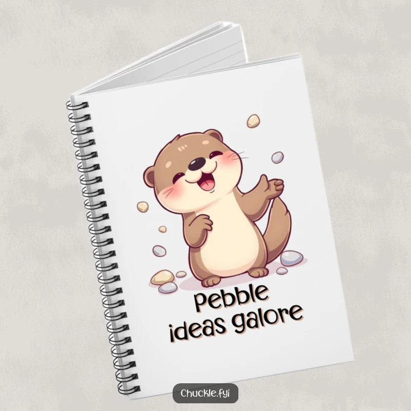 Funny otter juggling shiny pebbles on a notebook cover, inspiring creative and cheerful note-taking.