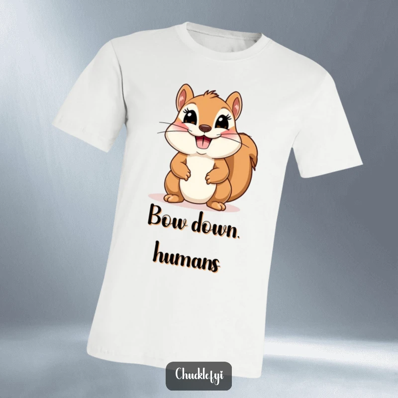 Funny t-shirt of a cute squirrel with a huge smile doing a comical, theatrical bow, embodying playful showmanship.