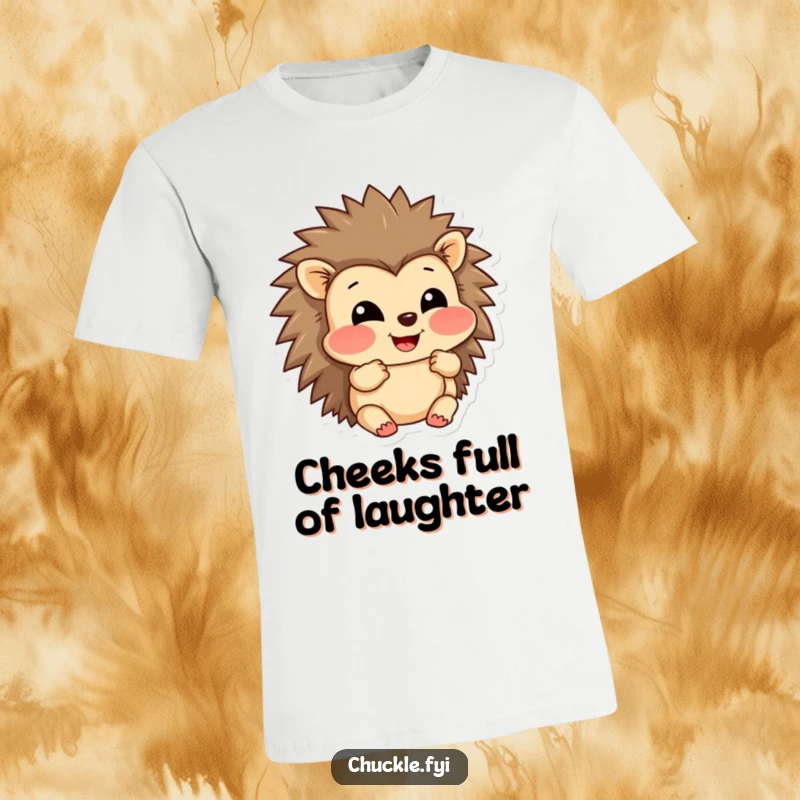 Funny t-shirt with a hedgehog character grinning widely and puffing out its cheeks in evident amusement.