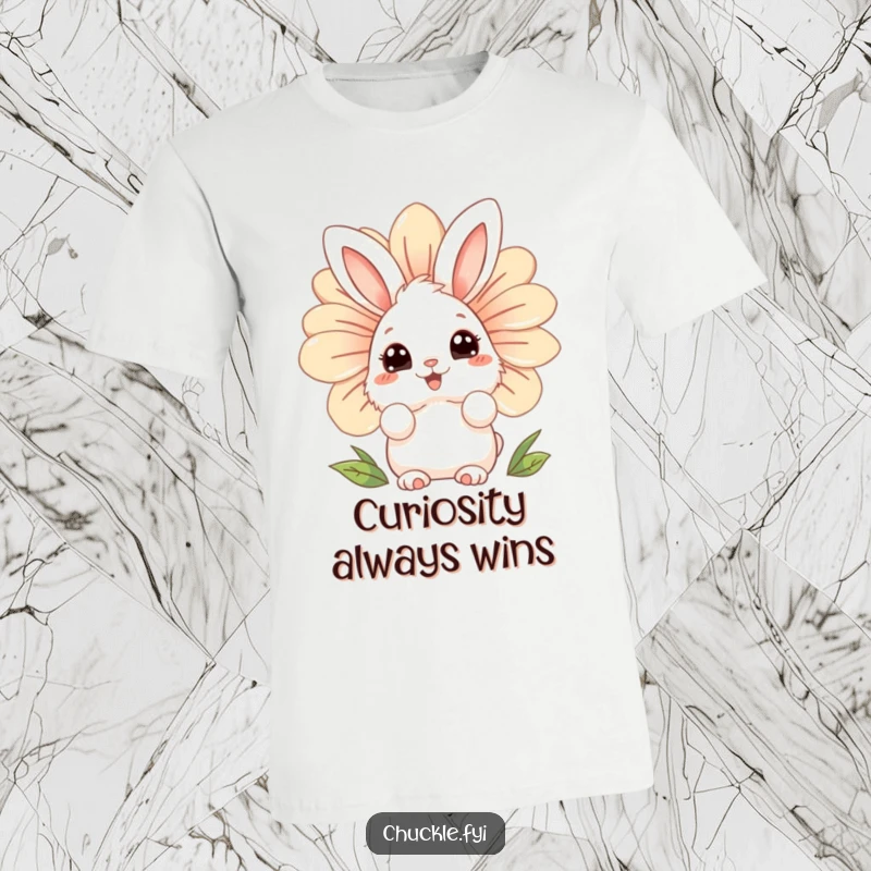 Funny fluffy bunny t-shirt character with wide, curious eyes, peeking from behind a giant, laughing flower, adorable and whimsical.