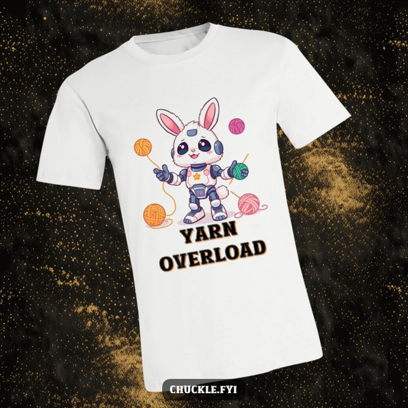 Funny T-Shirt showcasing a fluffy bunny robot happily juggling vibrant yarn balls. A cute, whimsical, and tech-infused wearable art piece.