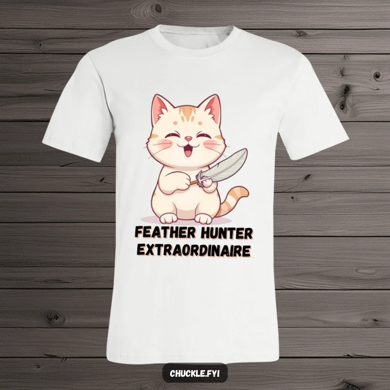 Funny t-shirt featuring a contented cat character purring loudly while batting at a feather toy, radiating playful energy.