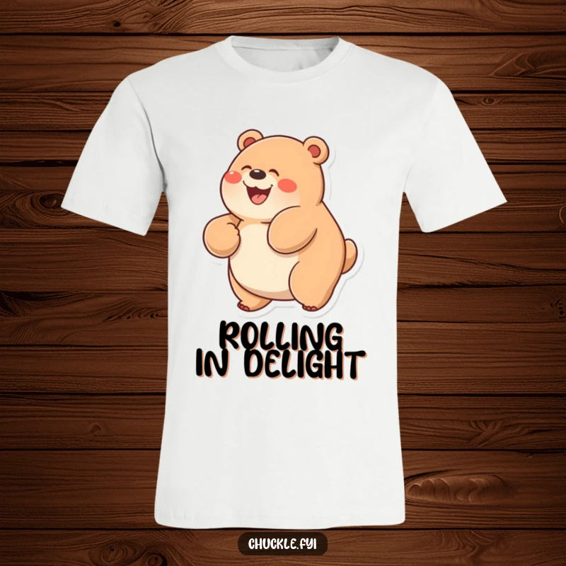 Funny Chubby Bear T-Shirt depicting a bear with a wide grin, joyfully rolling on its back, full of mirth.