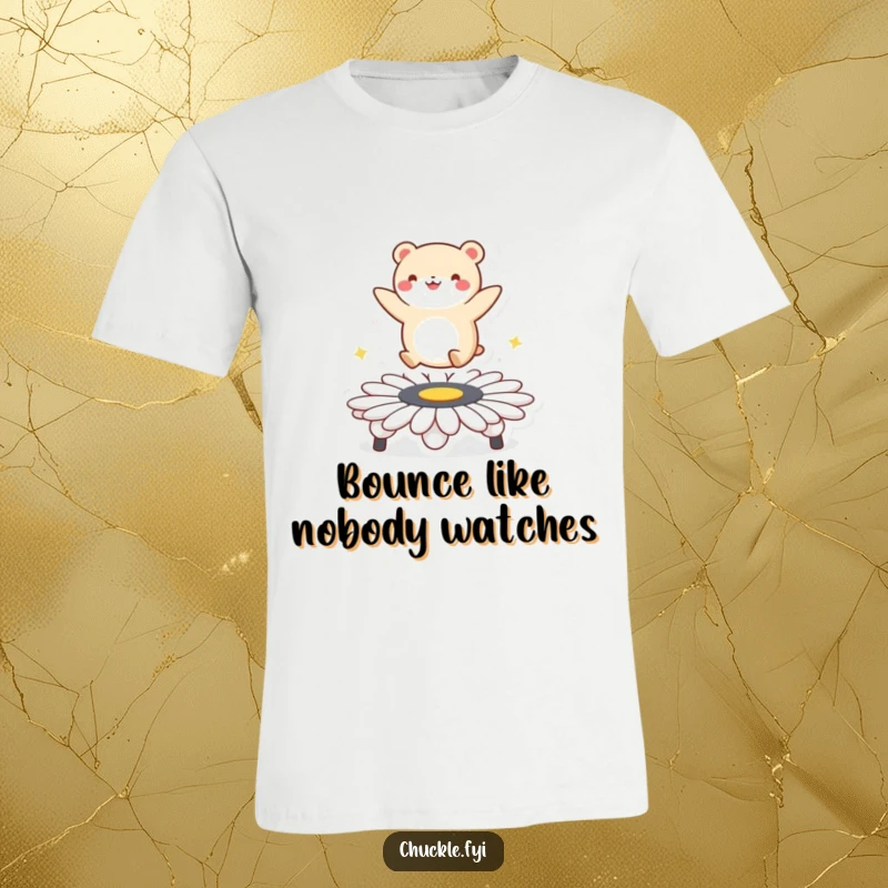 Funny t-shirt showing a cute, round animal character joyfully jumping on a daisy flower acting as a trampoline, full of happy energy.