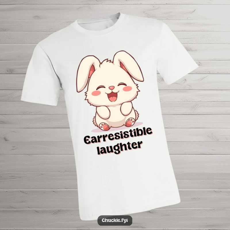Funny t-shirt with a fluffy bunny character caught in mid-giggle, its ears lolled over in delight. Adorable and hilarious.