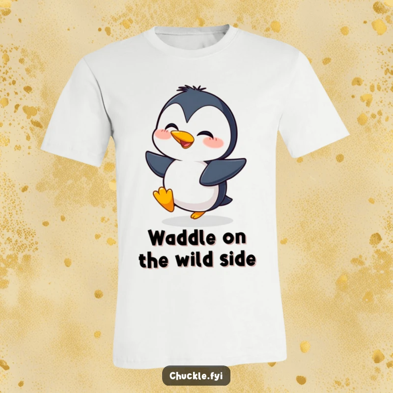Funny t-shirt with a giggling penguin character waddling with over-the-top excitement, spreading pure happiness.